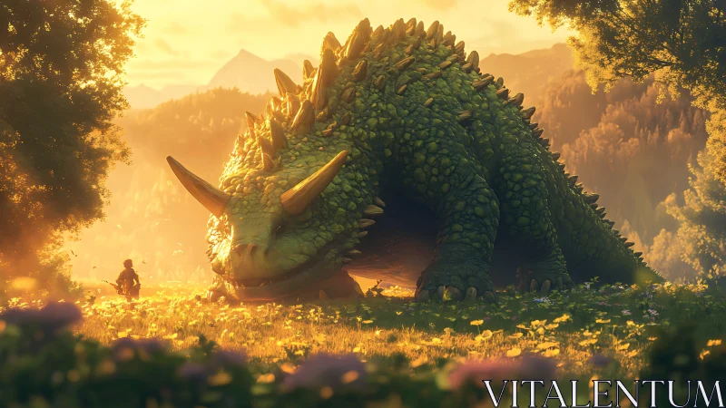 Sunlit forest giant and tiny wanderer share a gentle truce.