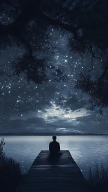 Solitary figure on lakeside dock under starlit midnight sky.