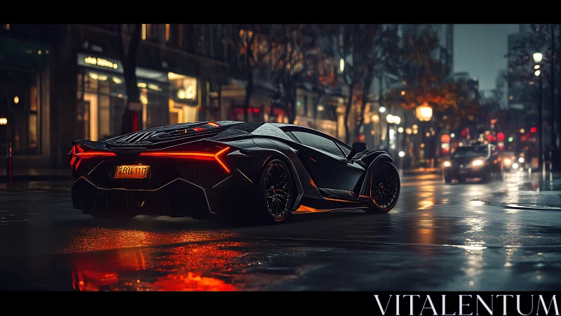 Midnight supercar gliding through rain-soaked city streets.