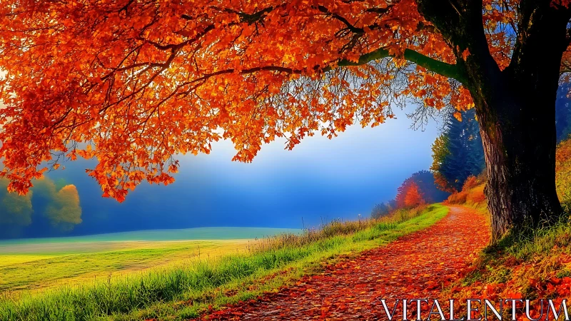 Fiery autumn tree frames misty meadow path at sunrise.