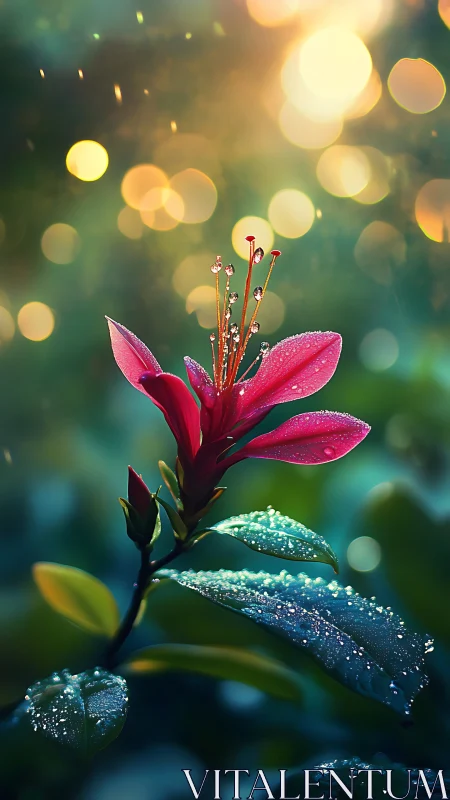 Macro floral close-up with dewdrops and golden bokeh backlight.