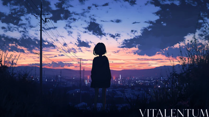 Quiet horizon watcher over neon-dusted twilight cityscape.