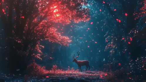 Silhouetted Stag in Neon Forest Landscape.
