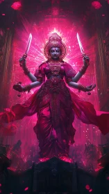 Radiant multi-armed goddess ascends in vivid crimson light.