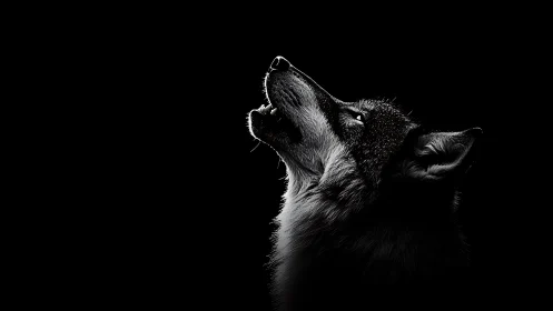 Side profile of a howling wolf rendered in stark low key lighting