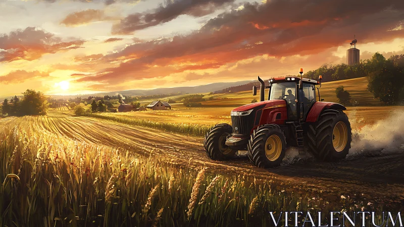 Digital painting of tractor at golden hour across wheat fields.