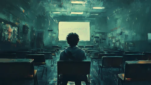 Solitary student in dim classroom facing overexposed projection screen