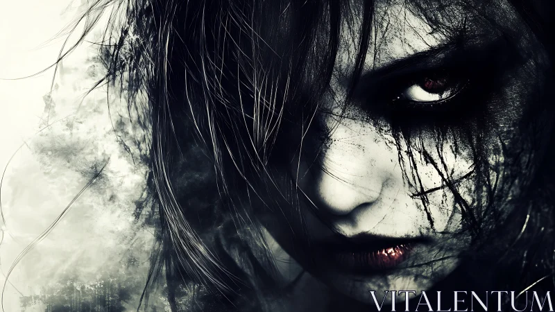 Haunted gaze of gothic woman in stark monochrome closeup.