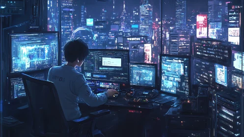 Solitary hacker monitors neon city from multi-screen workstation