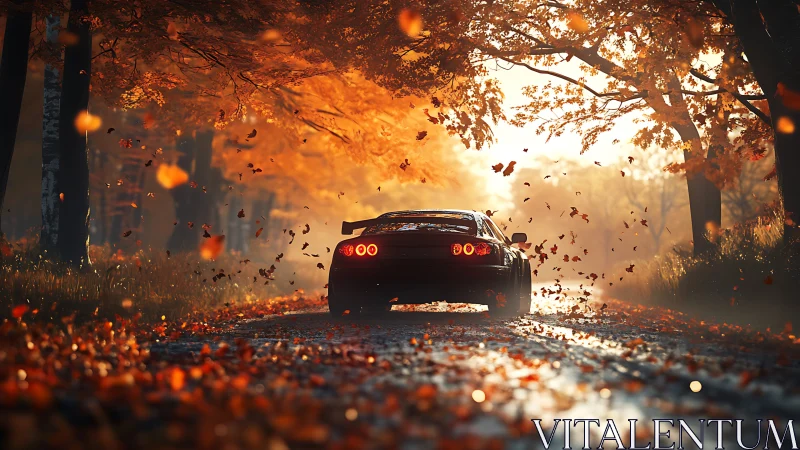 Autumn chase car ignites a tunnel of swirling ember leaves.