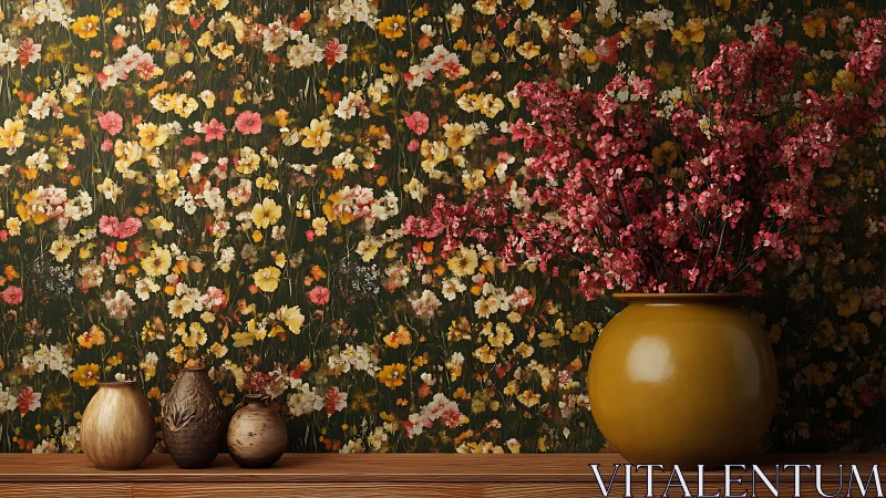 Golden vase and wildflower wallpaper brighten a cozy corner