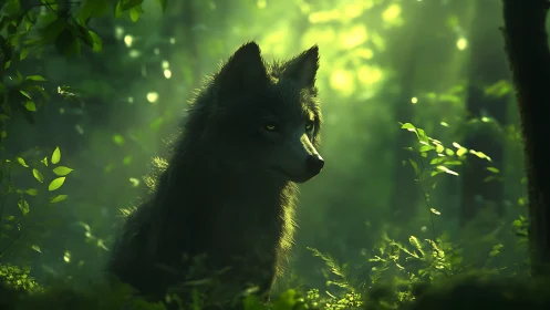 Wolf rendered in green forest light with diffuse foliage glow.