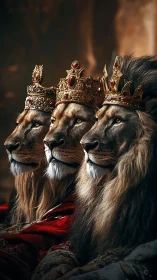 Regal lion monarchs wear jeweled crowns in warm light