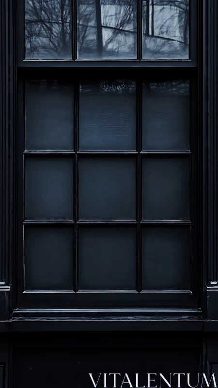 Minimalist dark window grid with reflective upper panes composition.