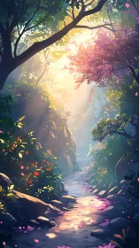 Luminous forest path with blooming trees and dappled light.