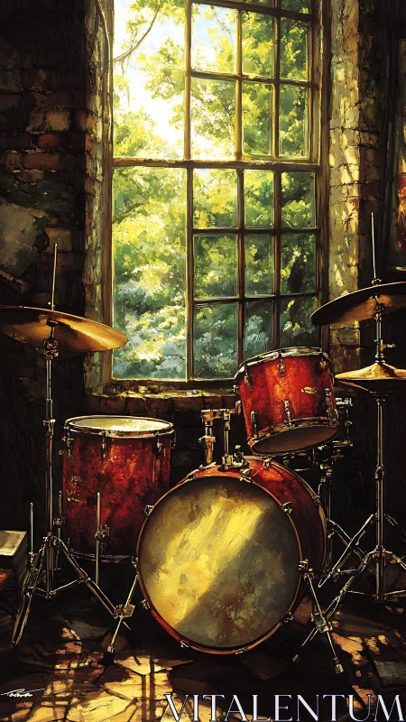 Red drum kit by rustic window with sunlit green foliage.
