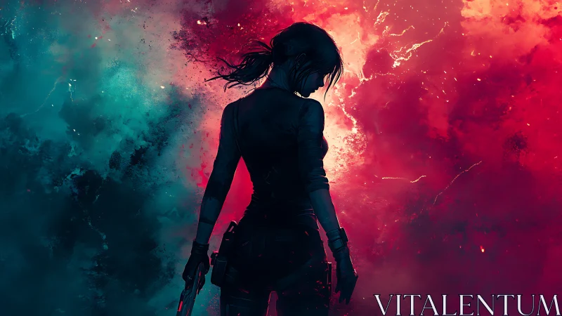 Silhouetted armed figure against split cyan red nebula field.