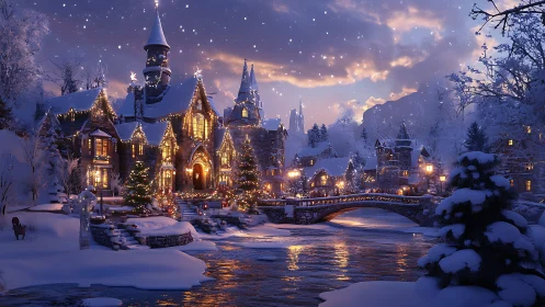 Snowlit village breathes warm light into a starry winter sky