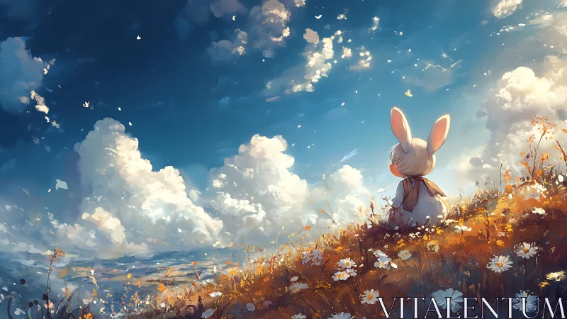 Rabbit character on flowered hillside under expansive sky.