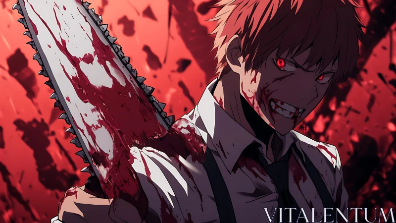 Bloodlit chainsaw warrior snarls through a crimson storm.