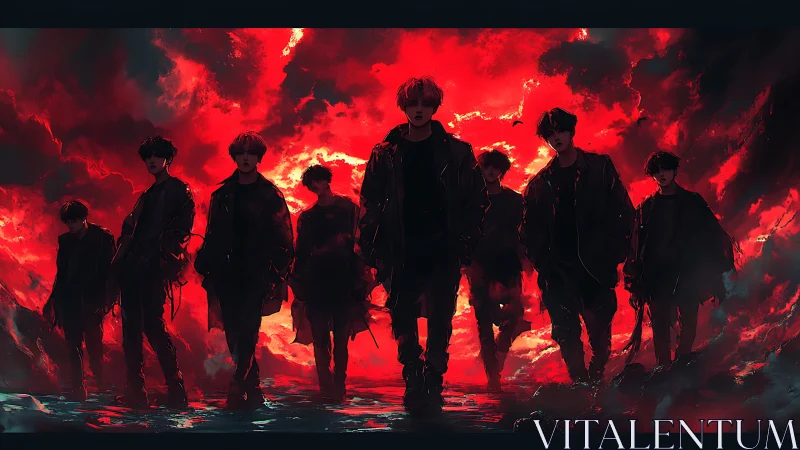 Storm-lit silhouettes walk boldly through a burning sky