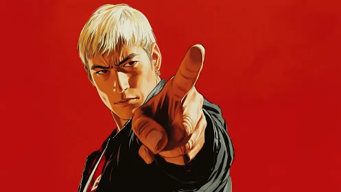 Intense blond man pointing forward over bold red backdrop.