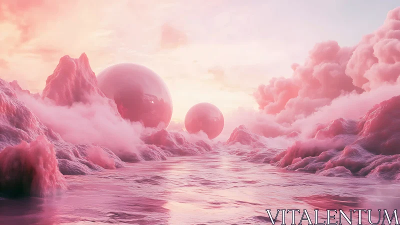 Pink alien seascape shows reflective spheres amid soft fog