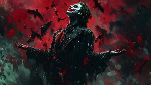 Laughing madman crowns himself in crimson storm of crows.