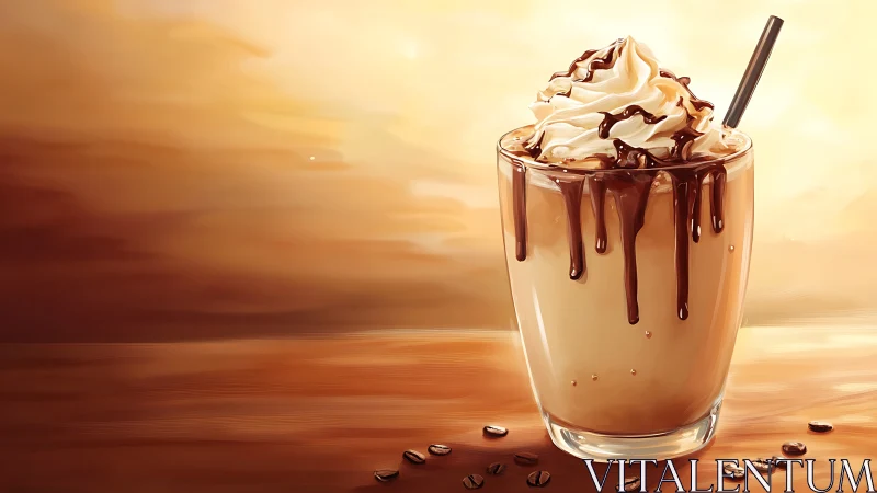 Iced coffee parfait rendered in warm-toned digital painting