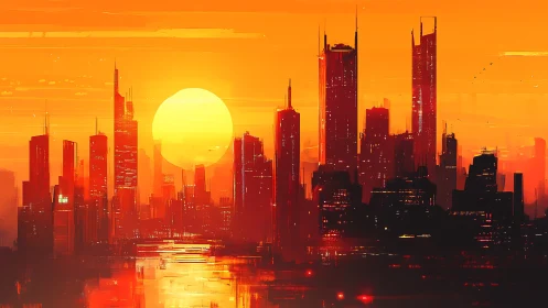 High-contrast sunset skyline renders vertical futuristic silhouettes