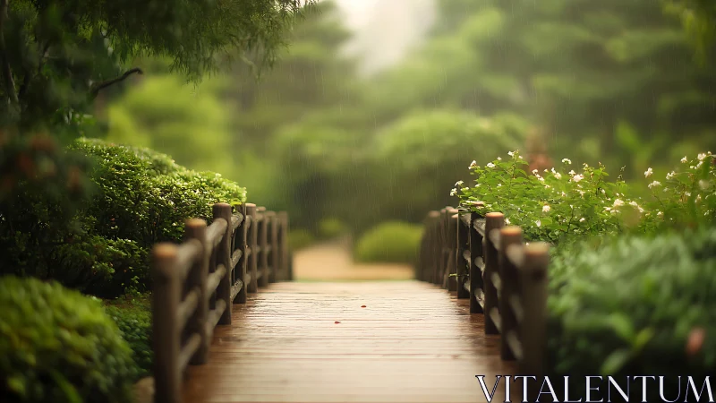 Wooden garden bridge glows under soft summer rainfall.