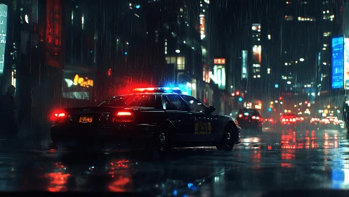 Police car waits in rainy city street with lights active