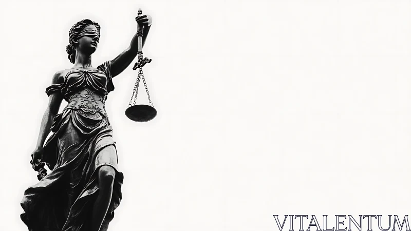 Blindfolded Lady Justice statue with scales in stark contrast.