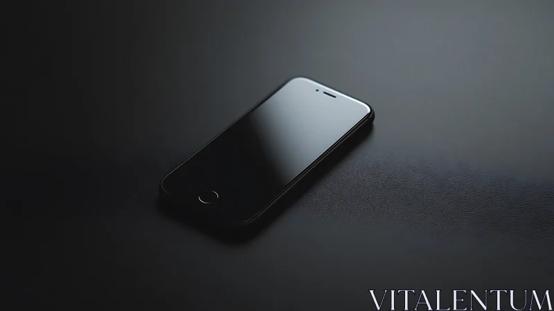 Black smartphone rests on textured surface under directional lighting.