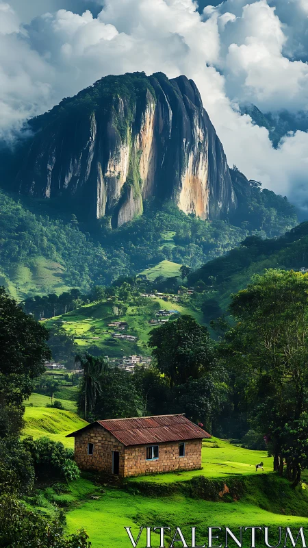 Stone house stands before steep green mountain cliffs
