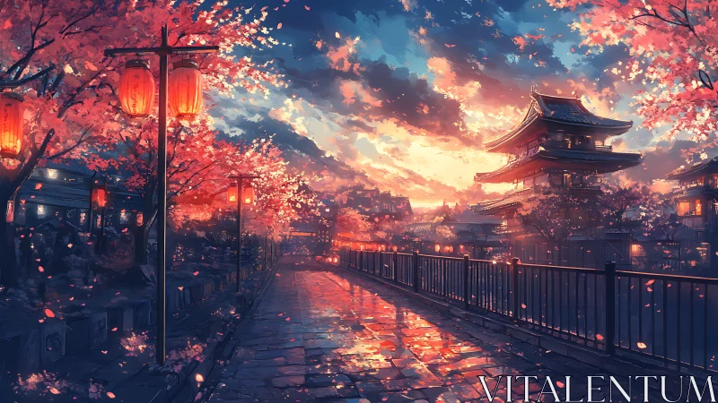 Sunset illuminates cherry blossoms over a tranquil temple path