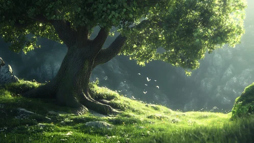 Ancient Oak Tree in Misty Forest Valley with Ethereal Lighting