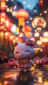 Lucky cat toy glows warmly under festive lantern lights