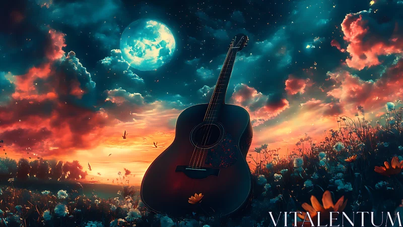 Moonlit acoustic guitar rests in a glowing dreamscape meadow