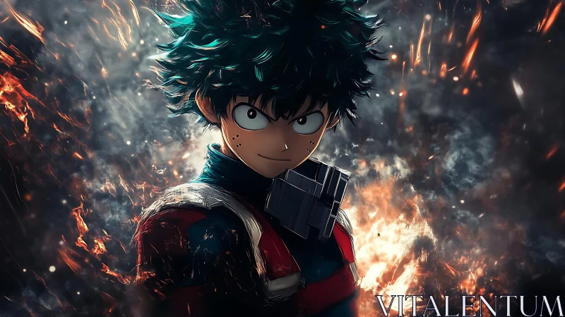 Energetically lit anime hero amid dynamic combustion field.