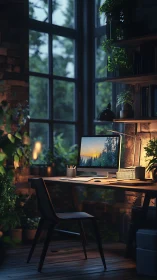 Cozy plant-filled home office with dusk forest monitor view.