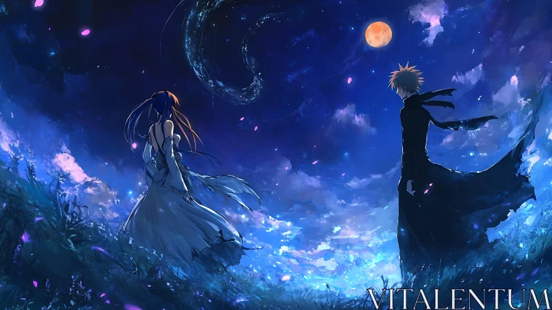 Two figures stand under vivid night sky and moon.