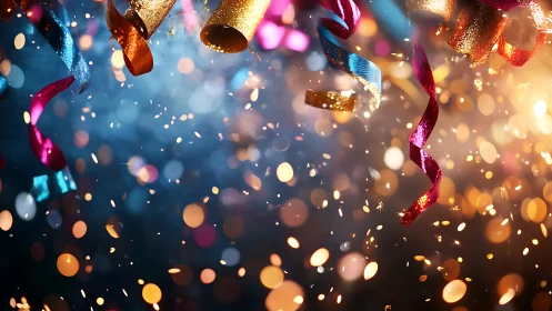 Glittering confetti storm dances through festive midnight air.