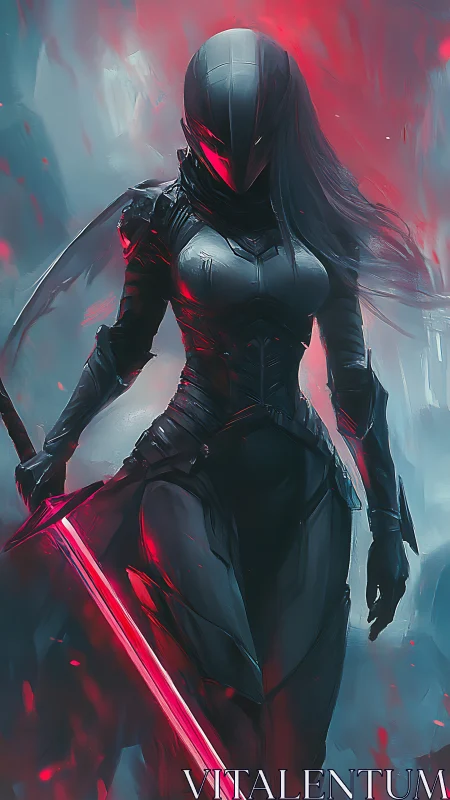 Armored sci fi warrior strides through crimson digital storm.