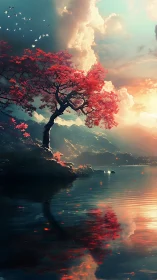 Crimson lakeside tree under luminous stormlit sky.