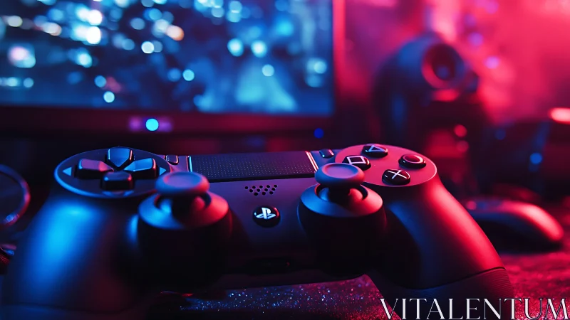 Game controller rests before screen in neon gaming setup