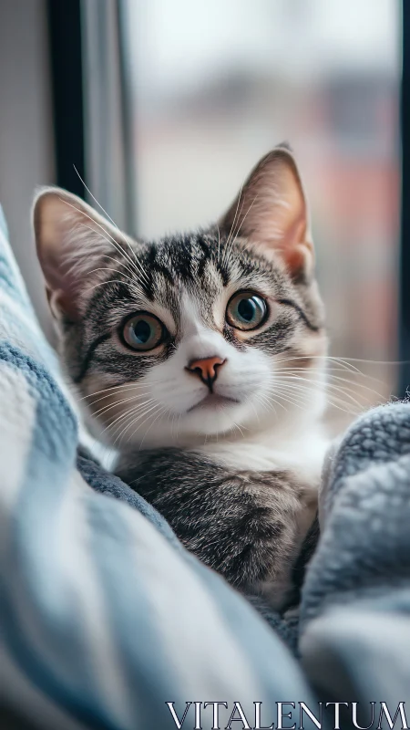Curious tabby cat gazes from cozy window perch wrapped in soft blankets