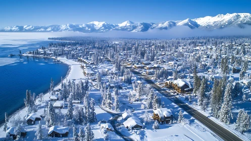 Snow-draped lakeside town glittering beneath alpine blue skies.