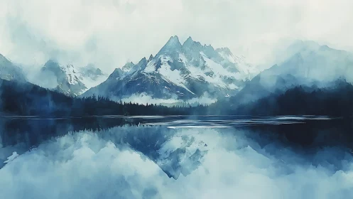 Misty blue mountain range reflected on calm lake surface.