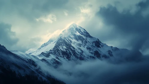 Snowlit mountain peak rising through soft stormy clouds.